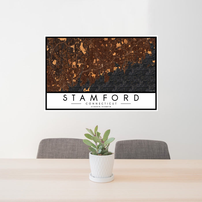 24x36 Stamford Connecticut Map Print Landscape Orientation in Ember Style Behind 2 Chairs Table and Potted Plant