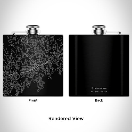 Rendered View of Stamford Connecticut Map Engraving on 6oz Stainless Steel Flask in Black
