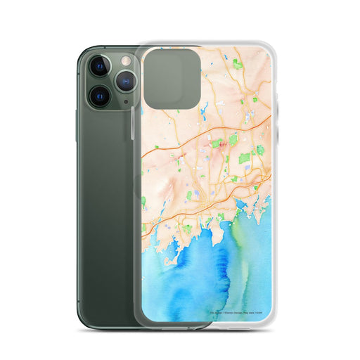 Custom Stamford Connecticut Map Phone Case in Watercolor on Table with Laptop and Plant
