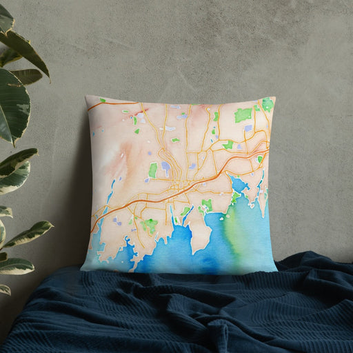 Custom Stamford Connecticut Map Throw Pillow in Watercolor on Bedding Against Wall
