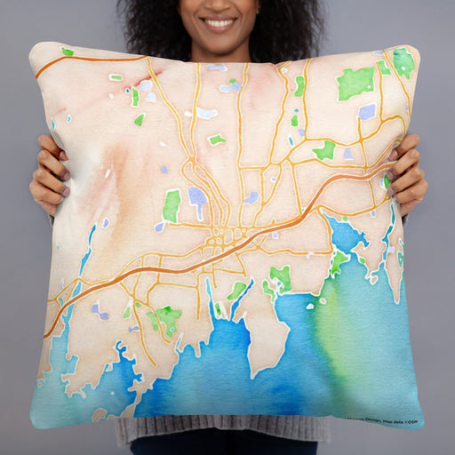Person holding 22x22 Custom Stamford Connecticut Map Throw Pillow in Watercolor