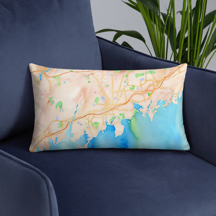 Custom Stamford Connecticut Map Throw Pillow in Watercolor on Blue Colored Chair