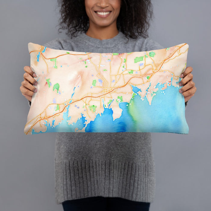Person holding 20x12 Custom Stamford Connecticut Map Throw Pillow in Watercolor