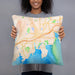Person holding 18x18 Custom Stamford Connecticut Map Throw Pillow in Watercolor
