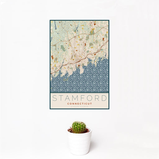 12x18 Stamford Connecticut Map Print Portrait Orientation in Woodblock Style With Small Cactus Plant in White Planter
