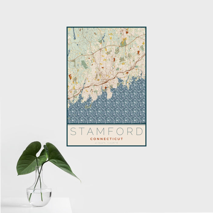 16x24 Stamford Connecticut Map Print Portrait Orientation in Woodblock Style With Tropical Plant Leaves in Water