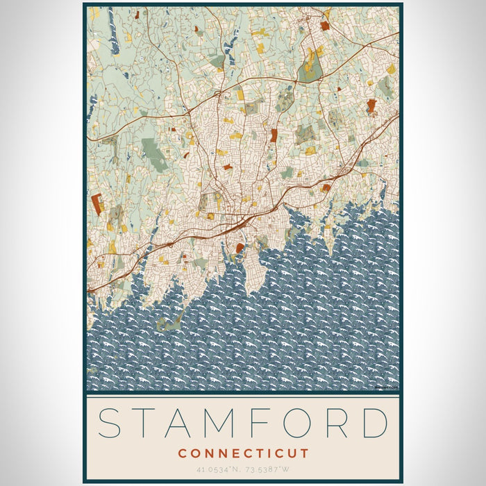 Stamford Connecticut Map Print Portrait Orientation in Woodblock Style With Shaded Background