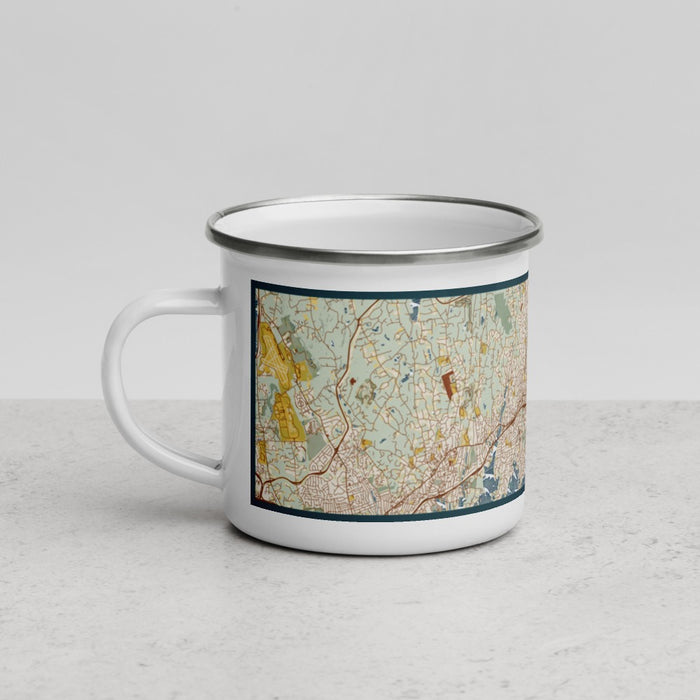 Left View Custom Stamford Connecticut Map Enamel Mug in Woodblock