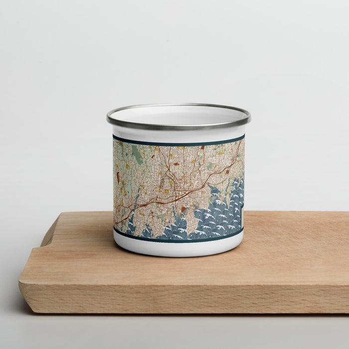 Front View Custom Stamford Connecticut Map Enamel Mug in Woodblock on Cutting Board