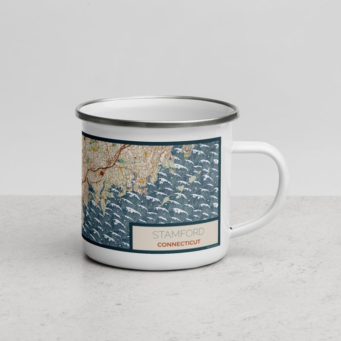 Right View Custom Stamford Connecticut Map Enamel Mug in Woodblock