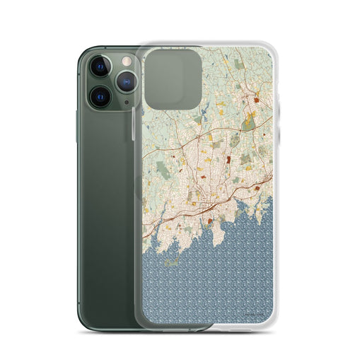 Custom Stamford Connecticut Map Phone Case in Woodblock on Table with Laptop and Plant