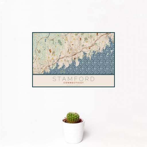12x18 Stamford Connecticut Map Print Landscape Orientation in Woodblock Style With Small Cactus Plant in White Planter