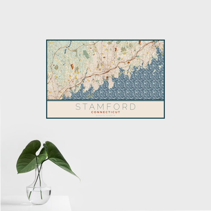 16x24 Stamford Connecticut Map Print Landscape Orientation in Woodblock Style With Tropical Plant Leaves in Water