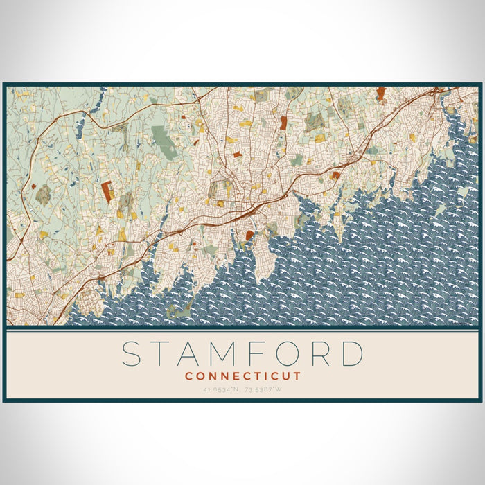 Stamford Connecticut Map Print Landscape Orientation in Woodblock Style With Shaded Background