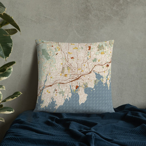 Custom Stamford Connecticut Map Throw Pillow in Woodblock on Bedding Against Wall