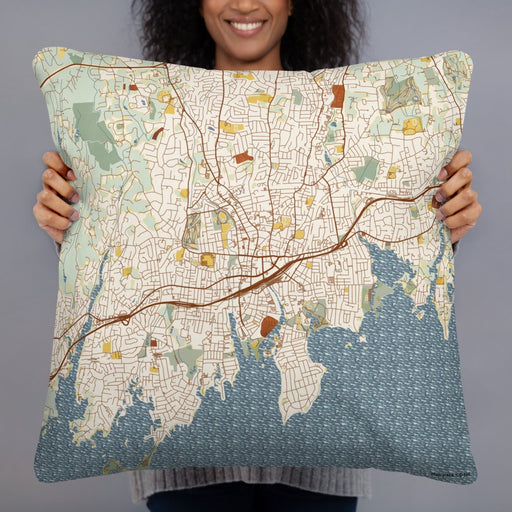 Person holding 22x22 Custom Stamford Connecticut Map Throw Pillow in Woodblock