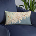 Custom Stamford Connecticut Map Throw Pillow in Woodblock on Blue Colored Chair