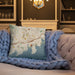 Custom Stamford Connecticut Map Throw Pillow in Woodblock on Cream Colored Couch