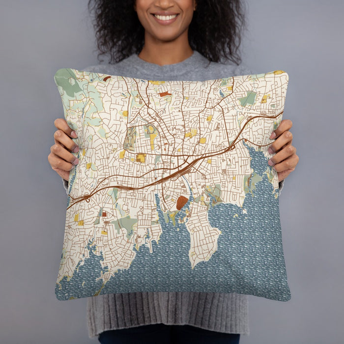 Person holding 18x18 Custom Stamford Connecticut Map Throw Pillow in Woodblock