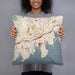 Person holding 18x18 Custom Stamford Connecticut Map Throw Pillow in Woodblock