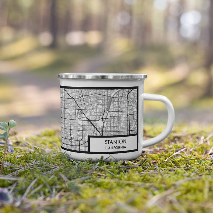 Right View Custom Stanton California Map Enamel Mug in Classic on Grass With Trees in Background