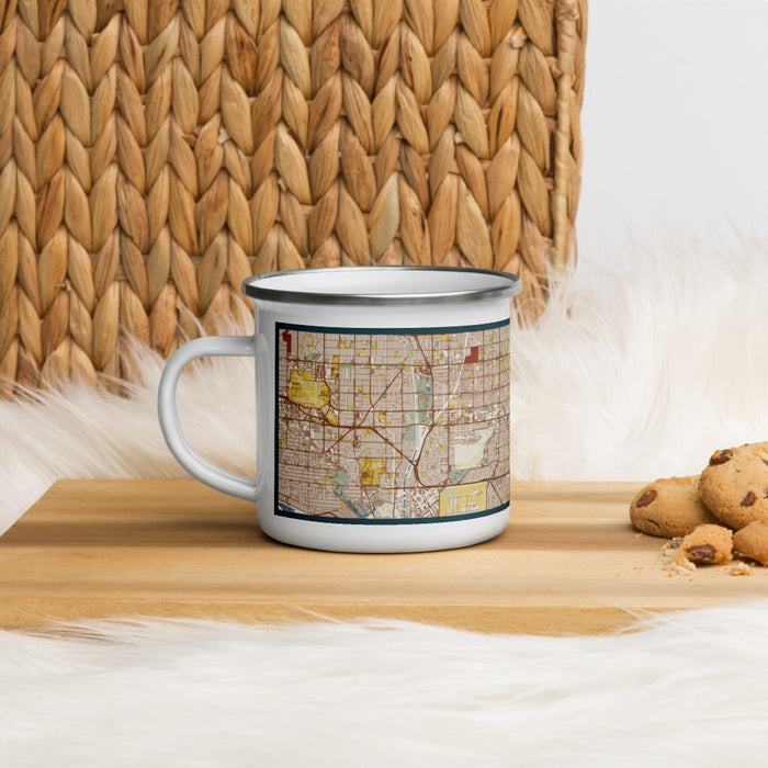 Left View Custom Stanton California Map Enamel Mug in Woodblock on Table Top