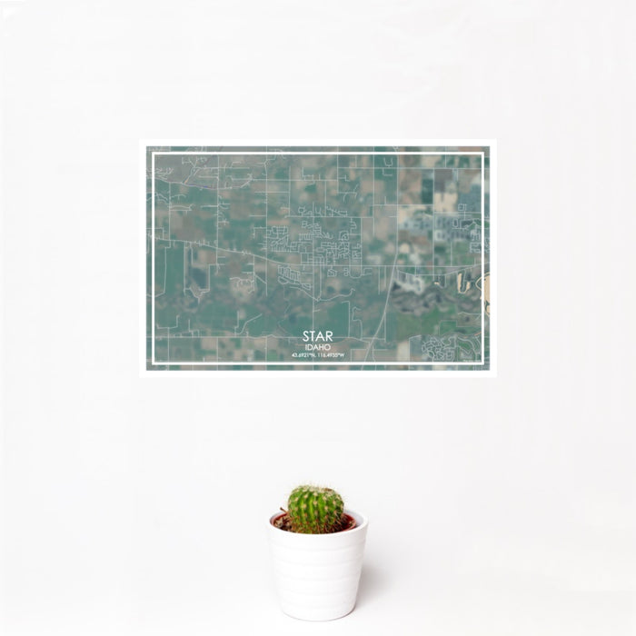 12x18 Star Idaho Map Print Landscape Orientation in Afternoon Style With Small Cactus Plant in White Planter