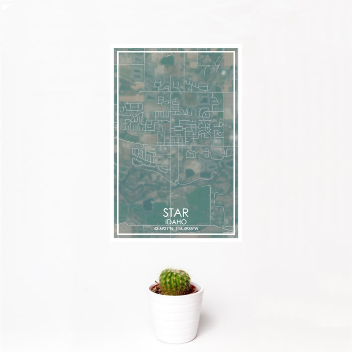 12x18 Star Idaho Map Print Portrait Orientation in Afternoon Style With Small Cactus Plant in White Planter