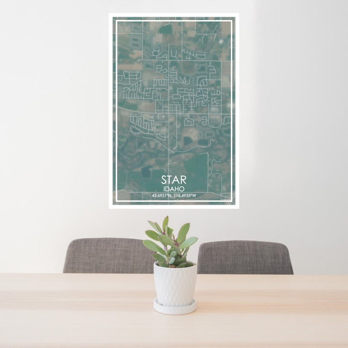 24x36 Star Idaho Map Print Portrait Orientation in Afternoon Style Behind 2 Chairs Table and Potted Plant