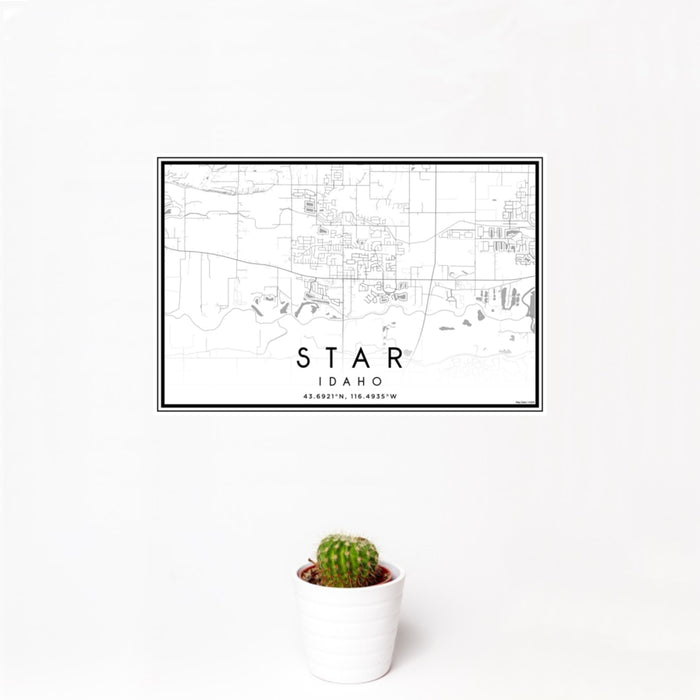 12x18 Star Idaho Map Print Landscape Orientation in Classic Style With Small Cactus Plant in White Planter