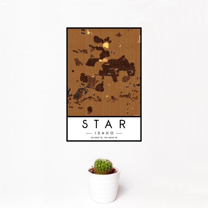 12x18 Star Idaho Map Print Portrait Orientation in Ember Style With Small Cactus Plant in White Planter