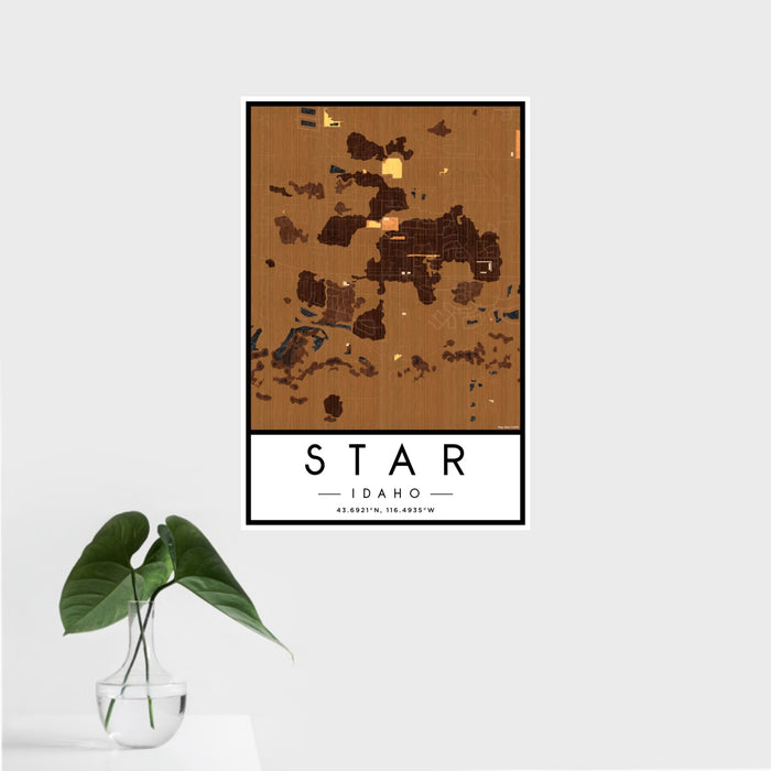 16x24 Star Idaho Map Print Portrait Orientation in Ember Style With Tropical Plant Leaves in Water