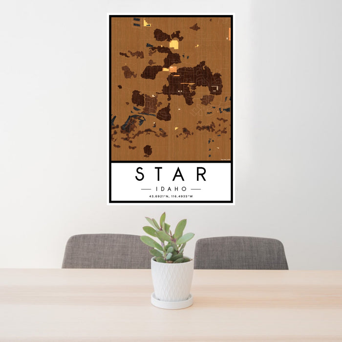 24x36 Star Idaho Map Print Portrait Orientation in Ember Style Behind 2 Chairs Table and Potted Plant