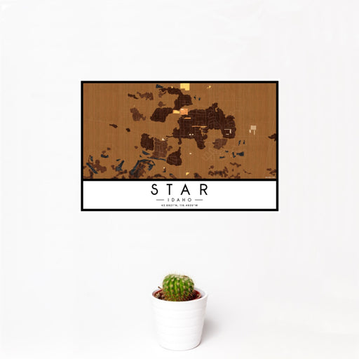 12x18 Star Idaho Map Print Landscape Orientation in Ember Style With Small Cactus Plant in White Planter