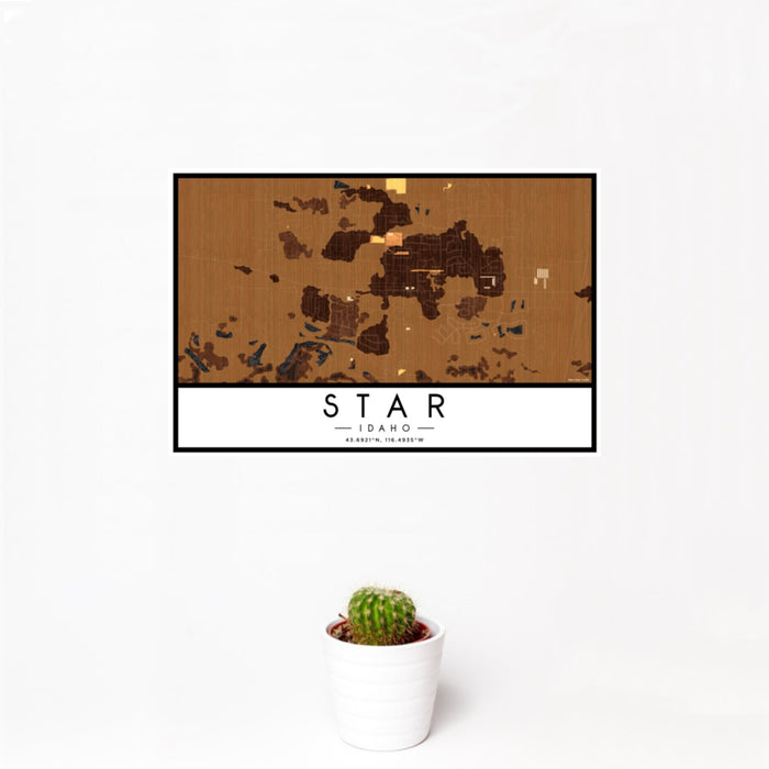 12x18 Star Idaho Map Print Landscape Orientation in Ember Style With Small Cactus Plant in White Planter