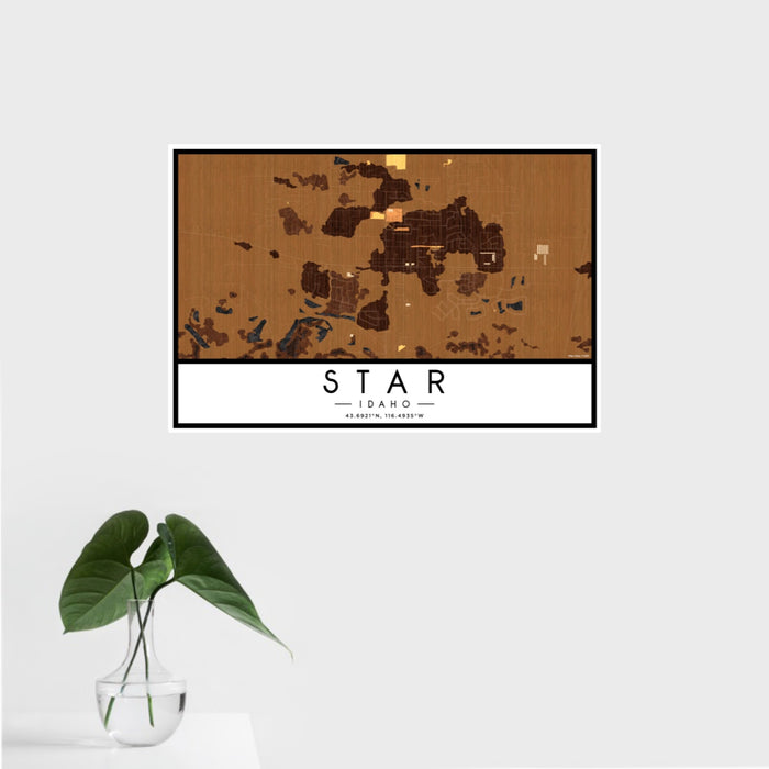 16x24 Star Idaho Map Print Landscape Orientation in Ember Style With Tropical Plant Leaves in Water