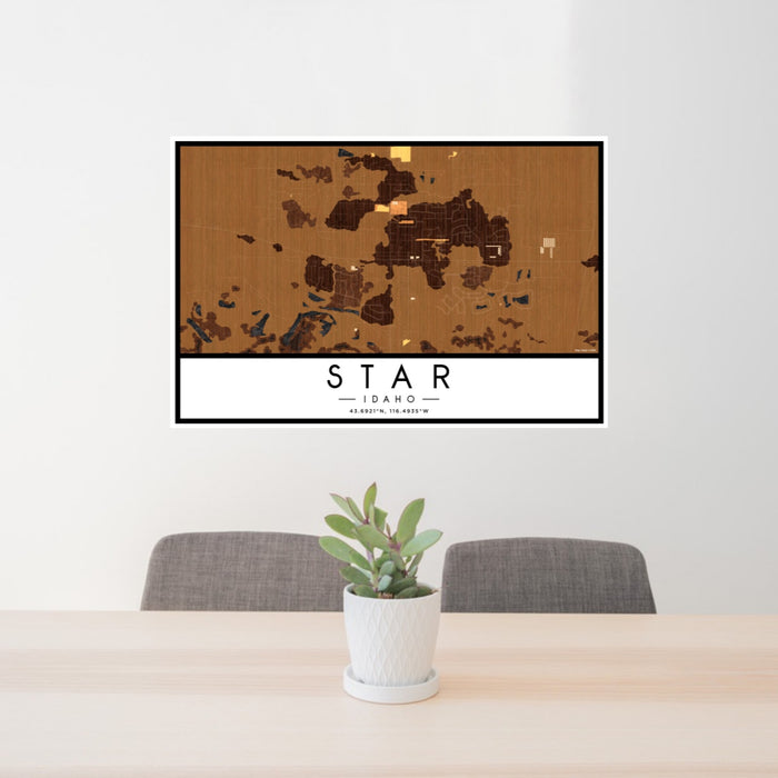 24x36 Star Idaho Map Print Landscape Orientation in Ember Style Behind 2 Chairs Table and Potted Plant