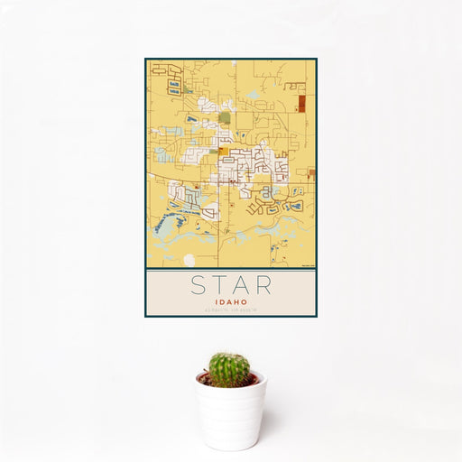 12x18 Star Idaho Map Print Portrait Orientation in Woodblock Style With Small Cactus Plant in White Planter
