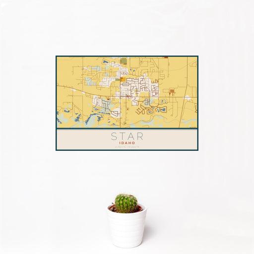 12x18 Star Idaho Map Print Landscape Orientation in Woodblock Style With Small Cactus Plant in White Planter