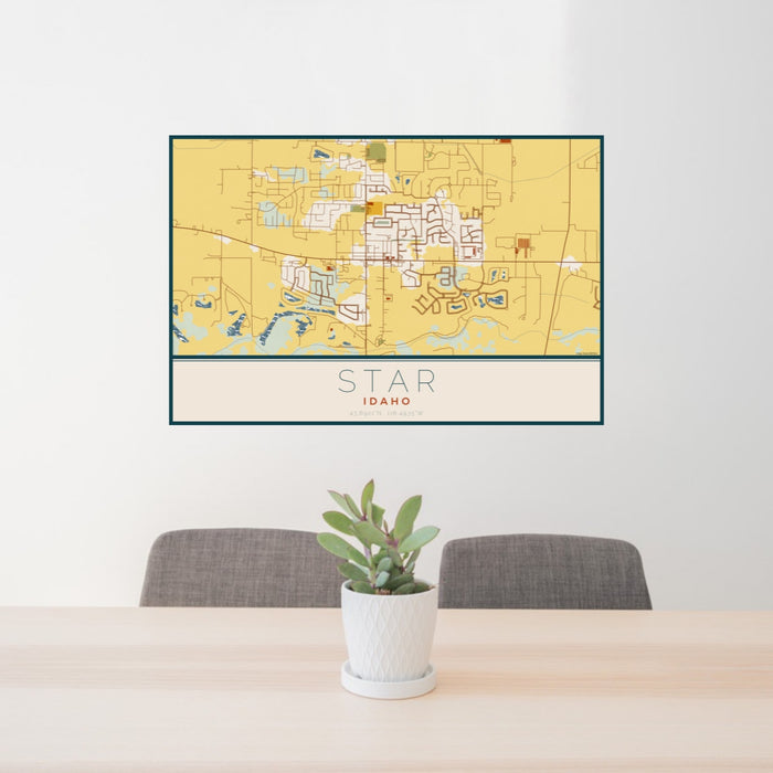 24x36 Star Idaho Map Print Landscape Orientation in Woodblock Style Behind 2 Chairs Table and Potted Plant