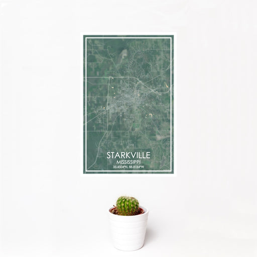 12x18 Starkville Mississippi Map Print Portrait Orientation in Afternoon Style With Small Cactus Plant in White Planter