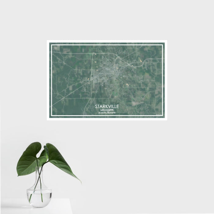 16x24 Starkville Mississippi Map Print Landscape Orientation in Afternoon Style With Tropical Plant Leaves in Water