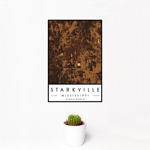 12x18 Starkville Mississippi Map Print Portrait Orientation in Ember Style With Small Cactus Plant in White Planter