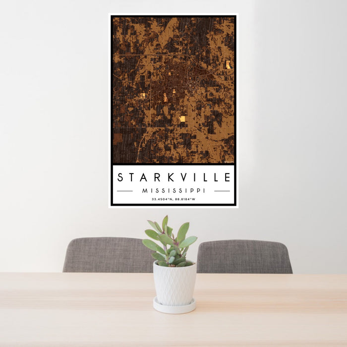 24x36 Starkville Mississippi Map Print Portrait Orientation in Ember Style Behind 2 Chairs Table and Potted Plant