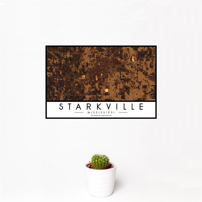 12x18 Starkville Mississippi Map Print Landscape Orientation in Ember Style With Small Cactus Plant in White Planter