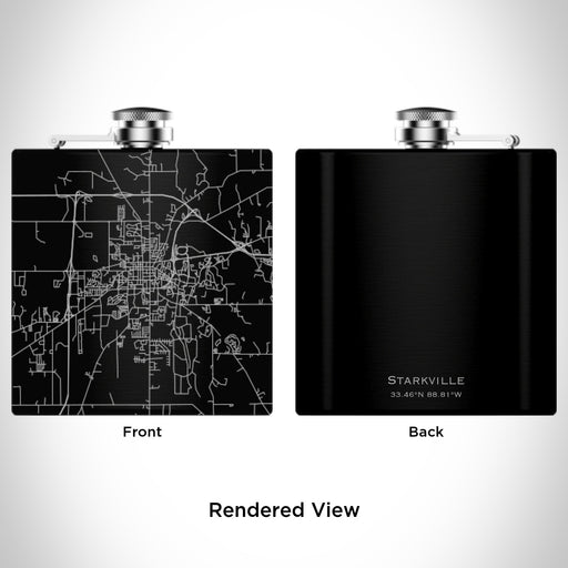 Rendered View of Starkville Mississippi Map Engraving on 6oz Stainless Steel Flask in Black