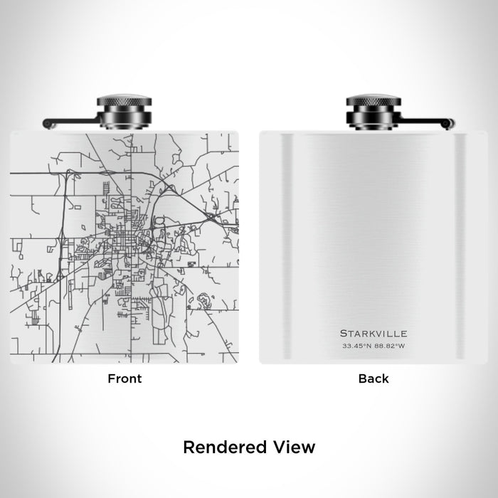 Rendered View of Starkville Mississippi Map Engraving on 6oz Stainless Steel Flask in White