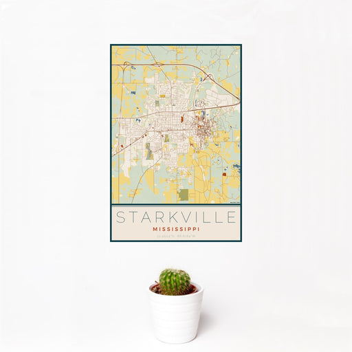 12x18 Starkville Mississippi Map Print Portrait Orientation in Woodblock Style With Small Cactus Plant in White Planter