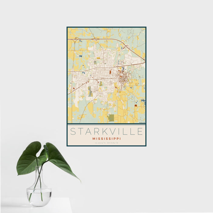 16x24 Starkville Mississippi Map Print Portrait Orientation in Woodblock Style With Tropical Plant Leaves in Water
