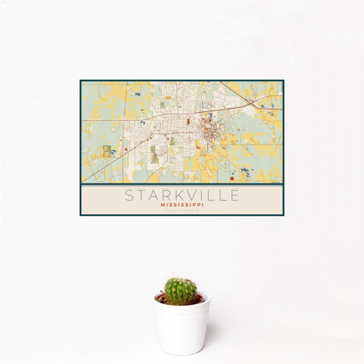 12x18 Starkville Mississippi Map Print Landscape Orientation in Woodblock Style With Small Cactus Plant in White Planter